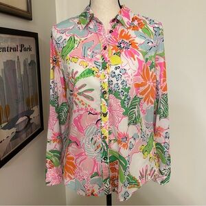Lilly Pulitzer Floral Button-Down Shirt Pink Green Cotton Size M